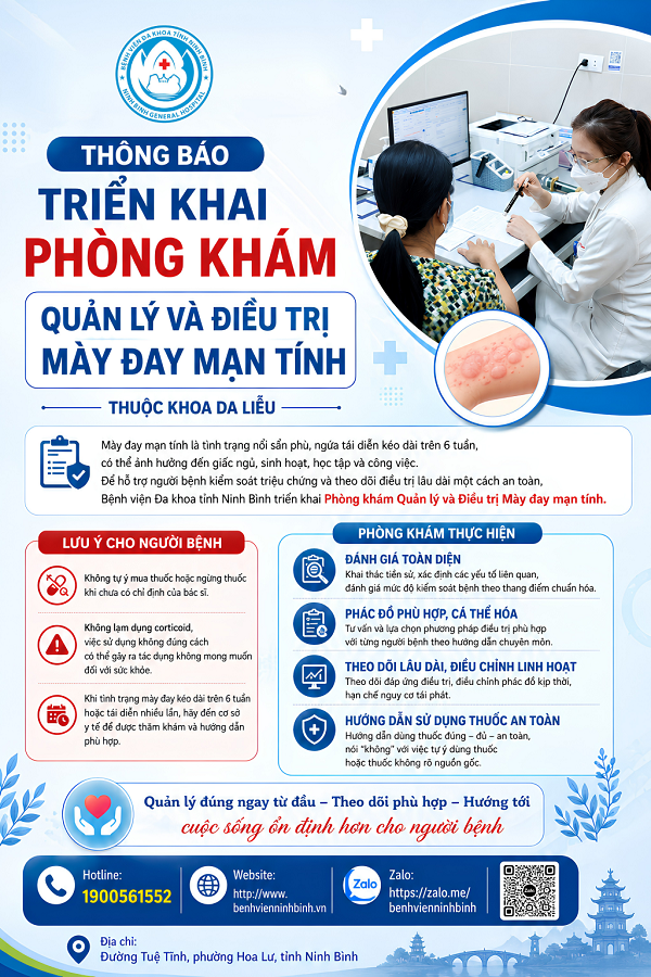 TRIỂN KHAI PHÒNG KHÁM QUẢN LÝ VÀ ĐIỀU TRỊ MÀY ĐAY MẠN TÍNH.