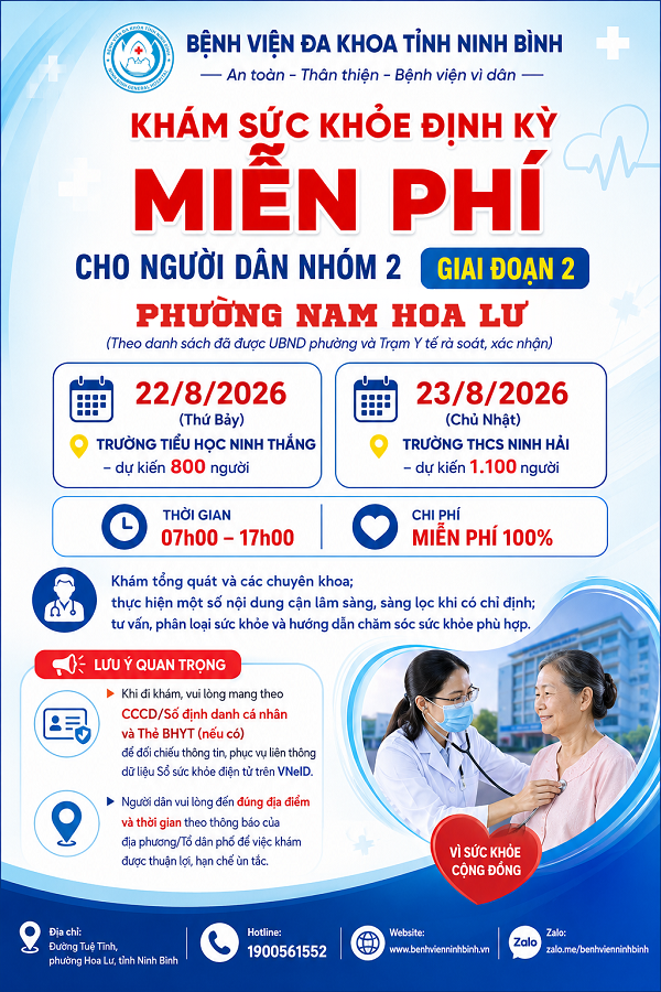 THÔNG BÁO: KHÁM SỨC KHỎE ĐỊNH KỲ MIỄN PHÍ CHO NGƯỜI DÂN NHÓM 2 TRÊN ĐỊA BÀN PHƯỜNG NAM HOA LƯ – GIAI ĐOẠN 2
