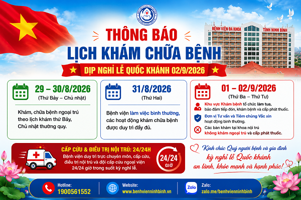 THÔNG BÁO LỊCH KHÁM CHỮA BỆNH DỊP NGHỈ LỄ QUỐC KHÁNH 02/9/2026.